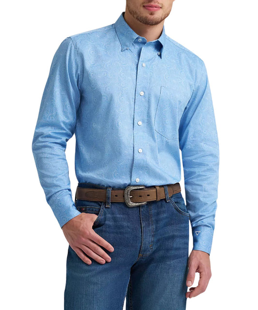 Men's Wrangler long sleeve Cody Johnson button down shirt featuring a dusty blue leaf print and classic fit.