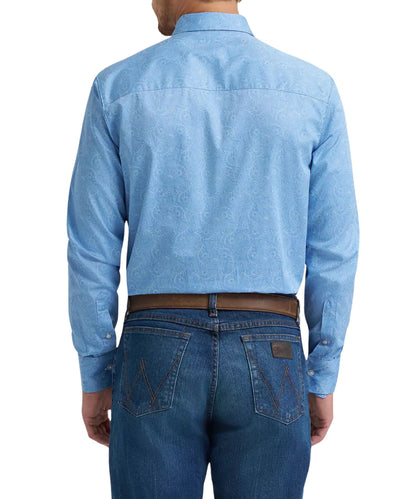Back view of the men's dusty blue leaf print button down featuring a straight back yoke and single button cuffs.