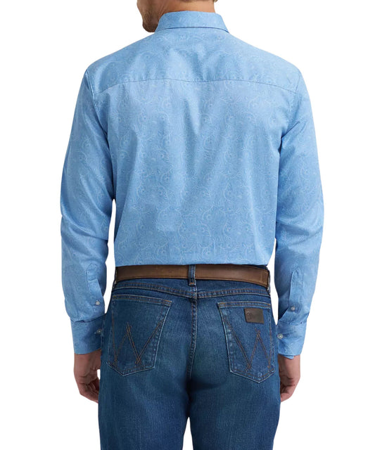 Back view of the men's dusty blue leaf print button down featuring a straight back yoke and single button cuffs.