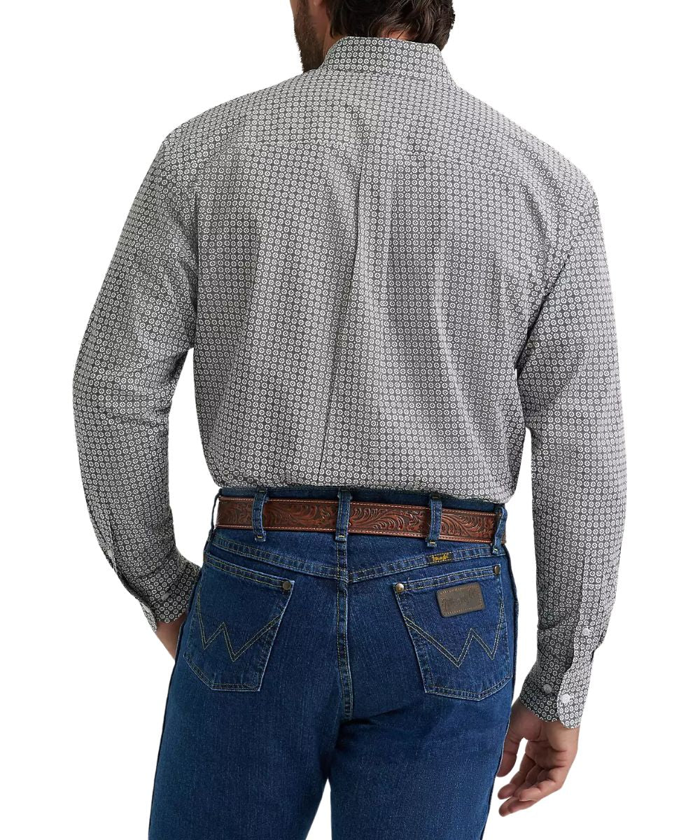 Back view of the men's grey board printed shirt featuring a straight back yoke with box pleat and two-button adjustable cuffs.