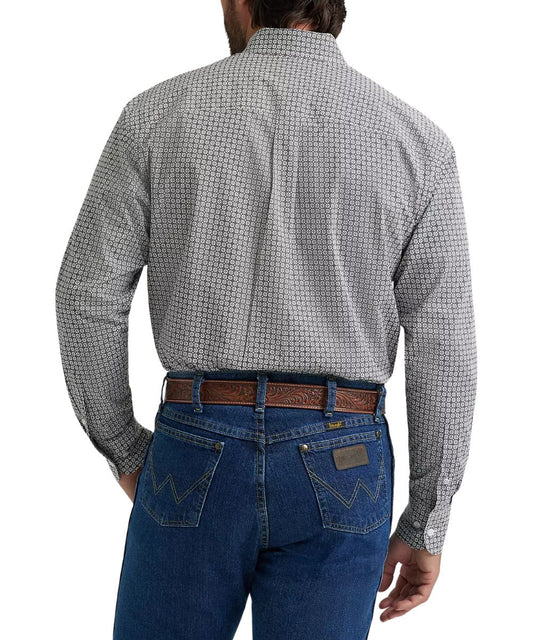 Back view of the men's grey board printed shirt featuring a straight back yoke with box pleat and two-button adjustable cuffs.