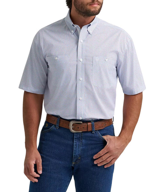 Men's Wrangler short sleeve button down blue shirt featuring a red dot print from the George Strait collection.