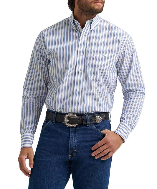 Men's Wrangler long sleeve button down shirt from the George Strait collection featuring a striped blue print on the white shirt. 