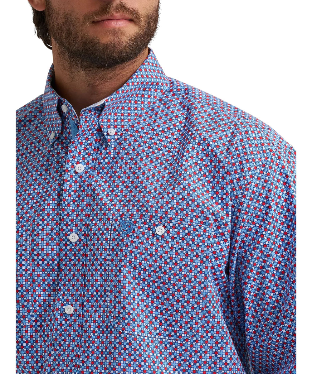 Close-up view of men's sparks printed shirt featuring a button-down collar and button-through chest pockets.