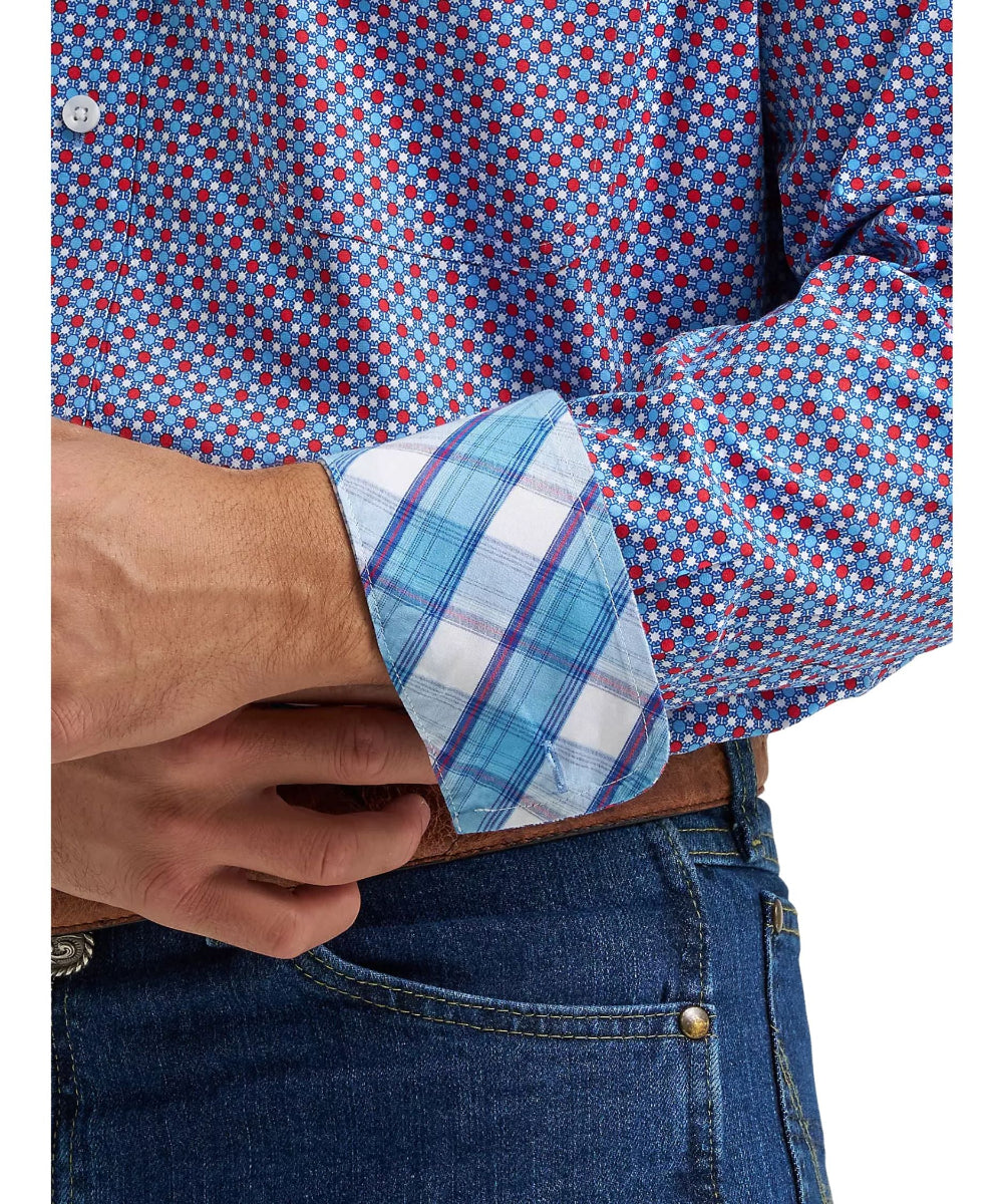 Men's red, white, and blue Wrangler button down shirt featuring contrast interior trim under cuffs.