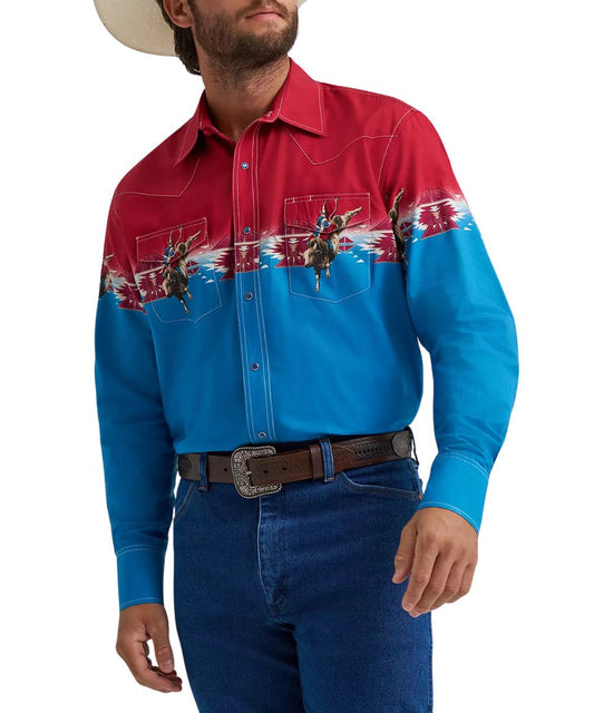 Men's Wrangler Checotah western snap shirt in red and blue dip dye print featuring a southwestern border print with bull rider graphic.
