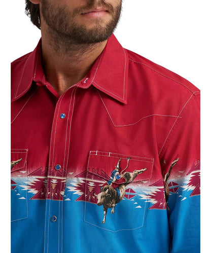 Close-up view of the red and blue Checotah snap shirt featuring a spread collar, snap flap chest pockets, and a pen slot in the left chest pocket.