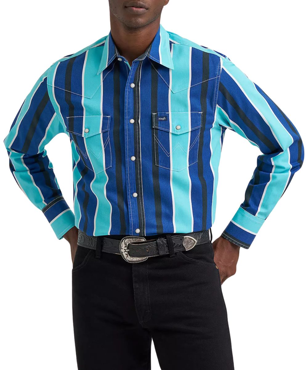 Men's long sleeve western vintage-inspired brushpopper striped work shirt in cobalt storm blue.