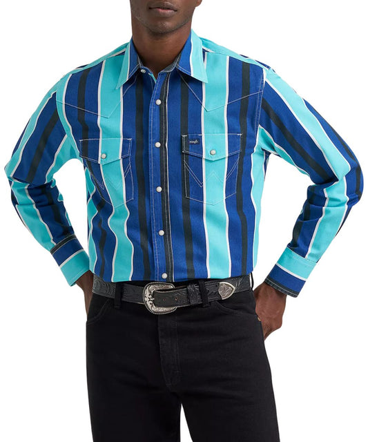 Men's long sleeve western vintage-inspired brushpopper striped work shirt in cobalt storm blue.