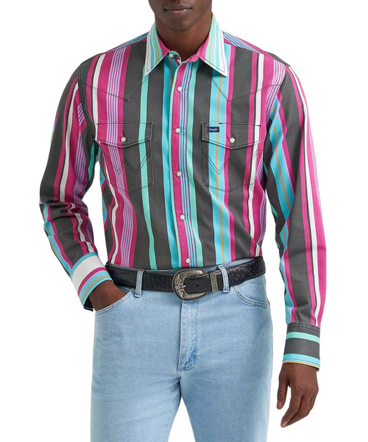 Wrangler men's long sleeve, vintage-inspired, brushpopper striped pearl snap western work shirt.