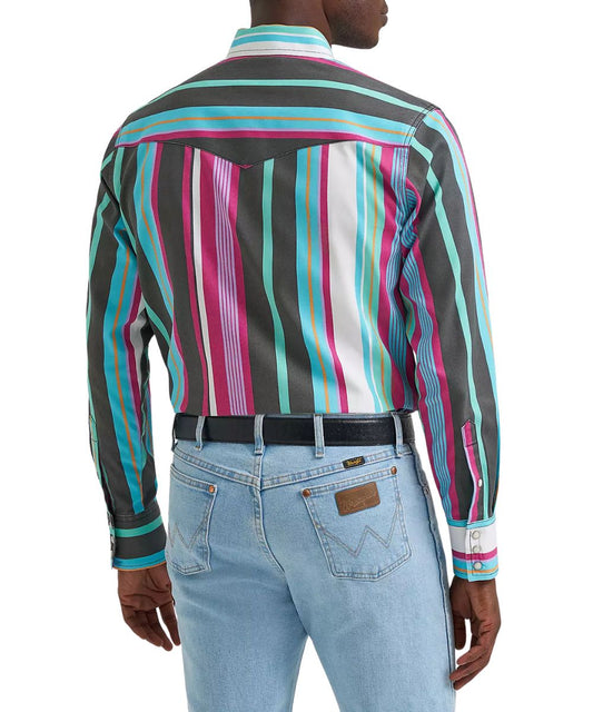 Back view featuring a single point western yoke and pink/blue brushpopper striped print.