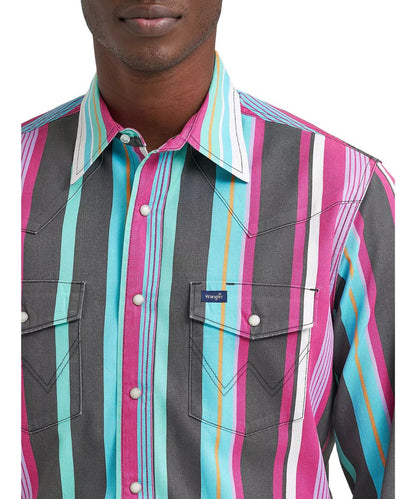 Men's close-up image of the brushpopper western work shirt featuring pearl snaps, western yokes, and a pen/pencil slot in the left chest pocket.