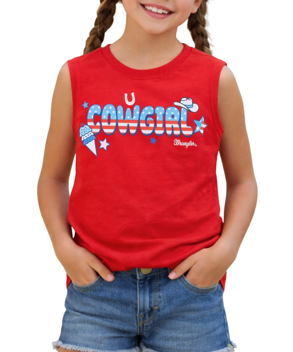 Girl's Red Tank Top With "Cowgirl" Printed On The Front With A Red/White/Blue Stars And Stripes Fill, And Western Accented Graphics