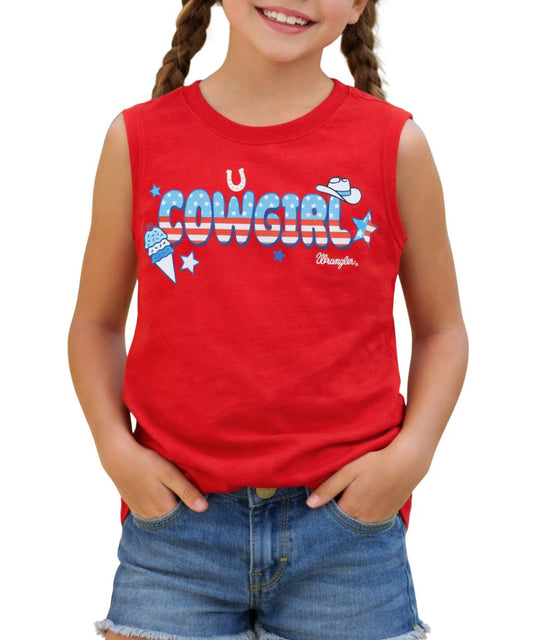 Girl's Red Tank Top With "Cowgirl" Printed On The Front With A Red/White/Blue Stars And Stripes Fill, And Western Accented Graphics