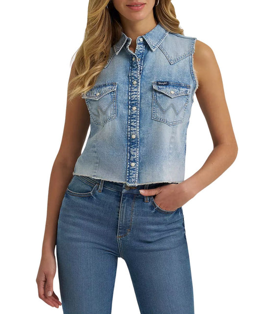 Women's Retro Punchy Sleeveless Denim Snap Shirt Featuring Pearl Snaps, Chest Pockets, And Raw Frayed Hems