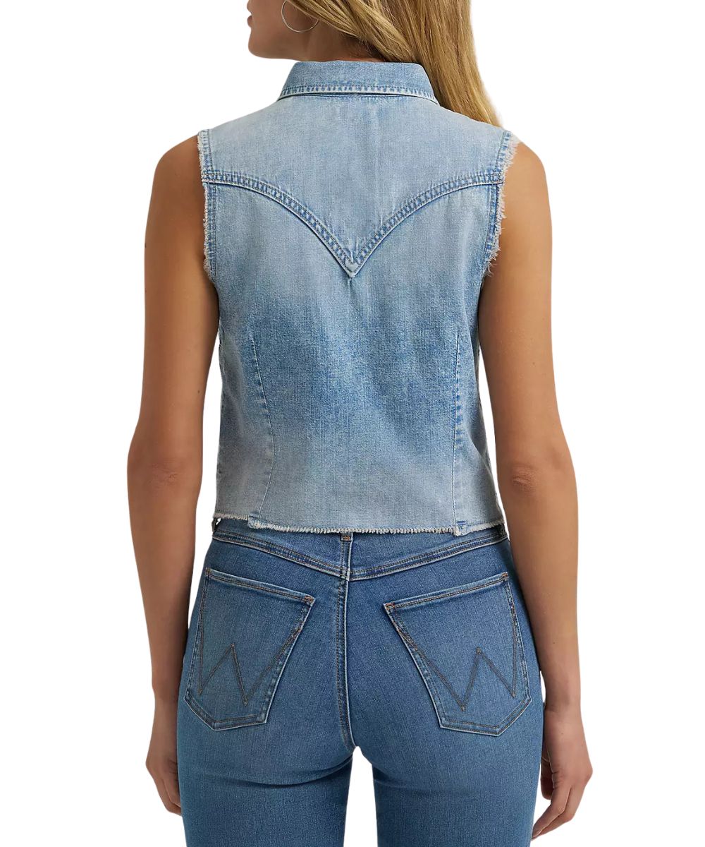 Women's Sleeveless Cropped Snap Shirt Featuring Western Yokes On Light Denim 