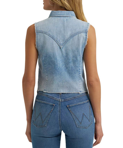 Women's Sleeveless Cropped Snap Shirt Featuring Western Yokes On Light Denim 
