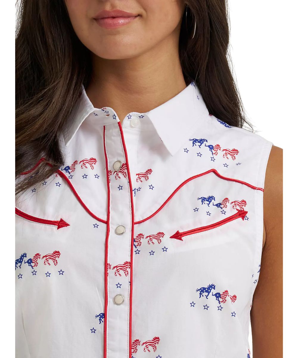 Women's Sleeveless Pearl Snap Western Shirt Featuring Faux Smiley Chest Pockets And Curved Western Yokes