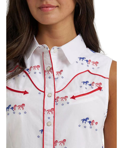 Women's Sleeveless Pearl Snap Western Shirt Featuring Faux Smiley Chest Pockets And Curved Western Yokes