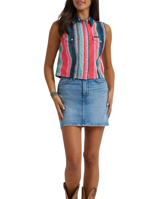 Women's Pink Retro Sleeveless Snap Shirt In Striped Brushpopper Print