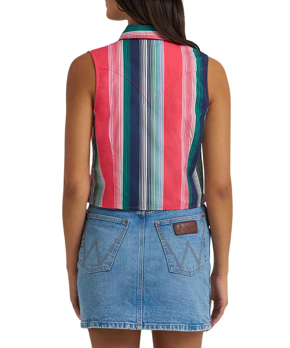 Women's Pink Retro Sleeveless Snap Shirt Featuring Western Yokes In A Slim Cropped Fit