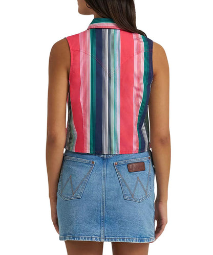 Women's Pink Retro Sleeveless Snap Shirt Featuring Western Yokes In A Slim Cropped Fit