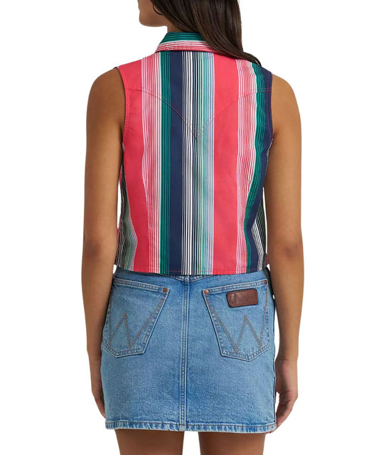 Women's Pink Retro Sleeveless Snap Shirt Featuring Western Yokes In A Slim Cropped Fit