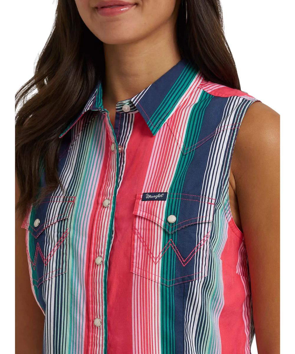 Close-Up View Of The Slim Fit Women's Sleeveless Pink Brushpopper Striped Snap Shirt With Snap Flap Chest Pockets And Western Yokes