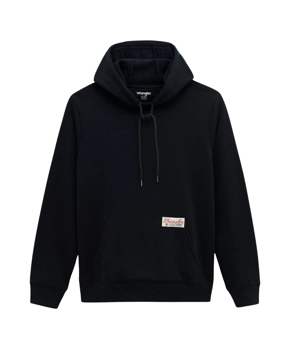 A black pullover hoodie with a drawstring hood and a front kangaroo pocket, featuring a small rectangular vintage-style brand patch on the pocket. The brand 'wrangler' is visible on the inner neck label and the front patch.