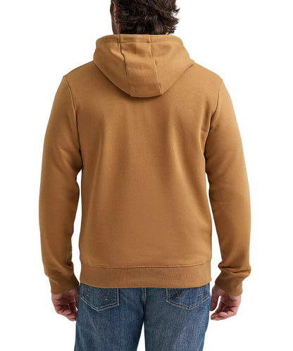 A man viewed from the back wearing a solid tan hooded sweatshirt and blue jeans against a plain white background.