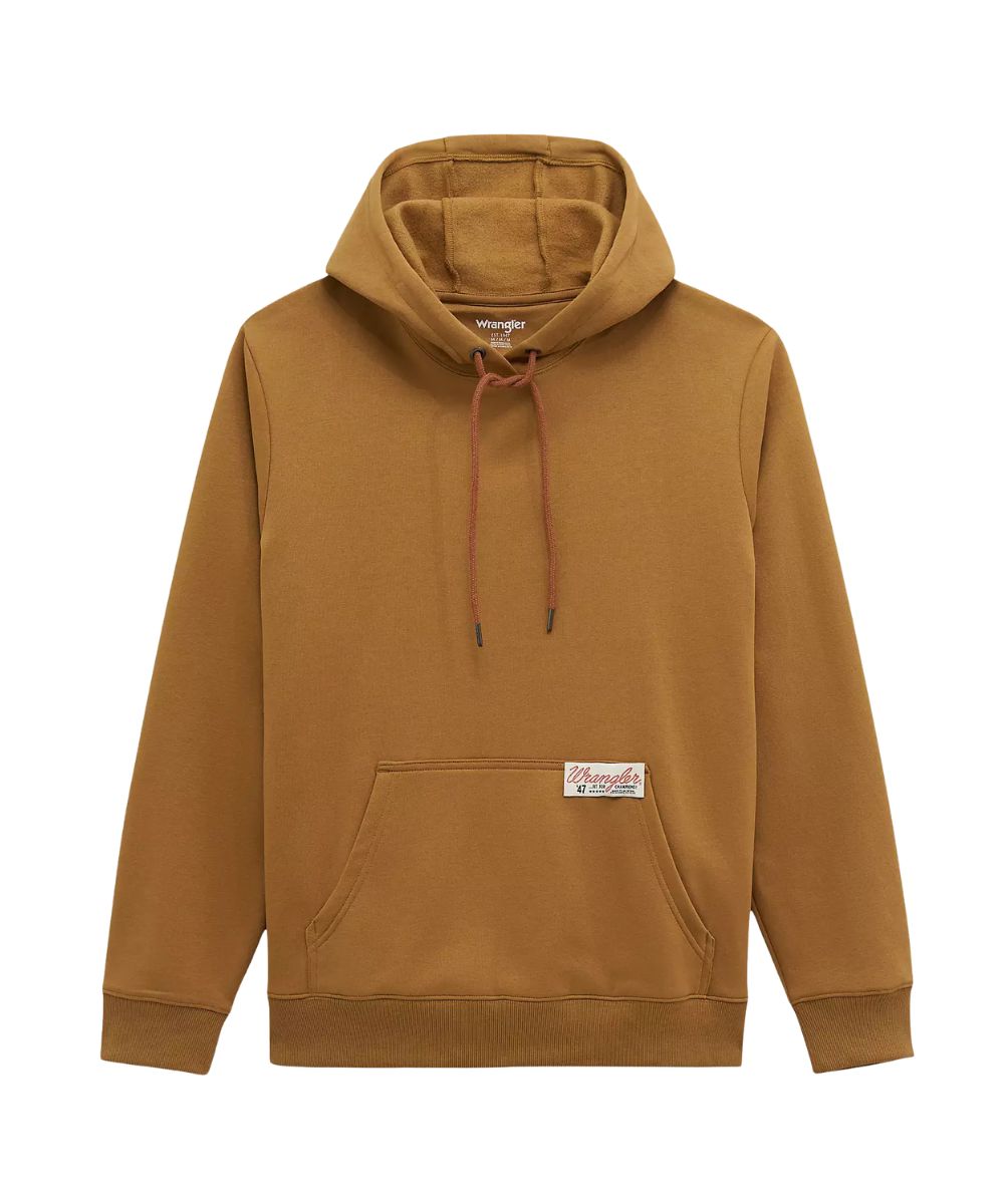 A brown pullover hoodie with a kangaroo pocket and matching drawstrings, shown against a plain white background.