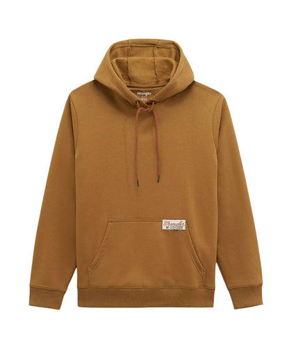 A brown pullover hoodie with a kangaroo pocket and matching drawstrings, shown against a plain white background.