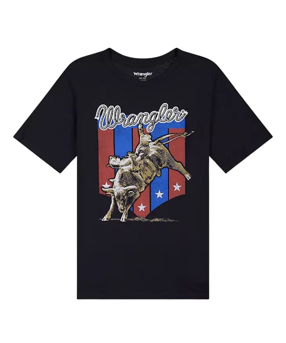 A black Wrangler short-sleeve t-shirt featuring a distressed graphic of a cowboy riding a bucking bull in front of a red, white, and blue American flag design.