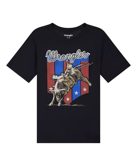 A black Wrangler short-sleeve t-shirt featuring a distressed graphic of a cowboy riding a bucking bull in front of a red, white, and blue American flag design.