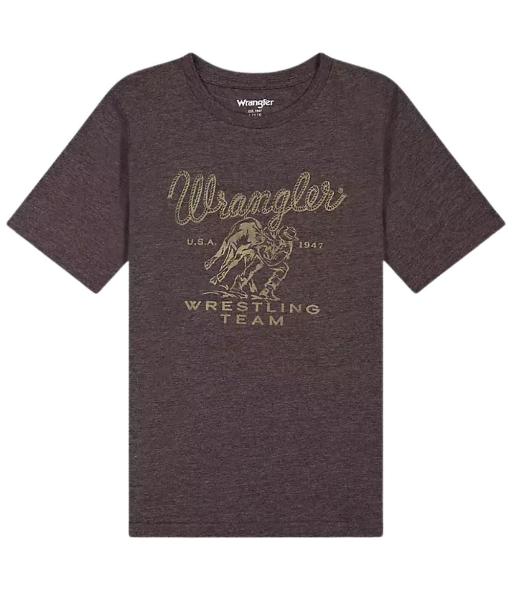 A dark heather chocolate brown Wrangler t-shirt featuring a gold graphic of a cowboy wrestling a steer with the text 'Wrangler U.S.A'