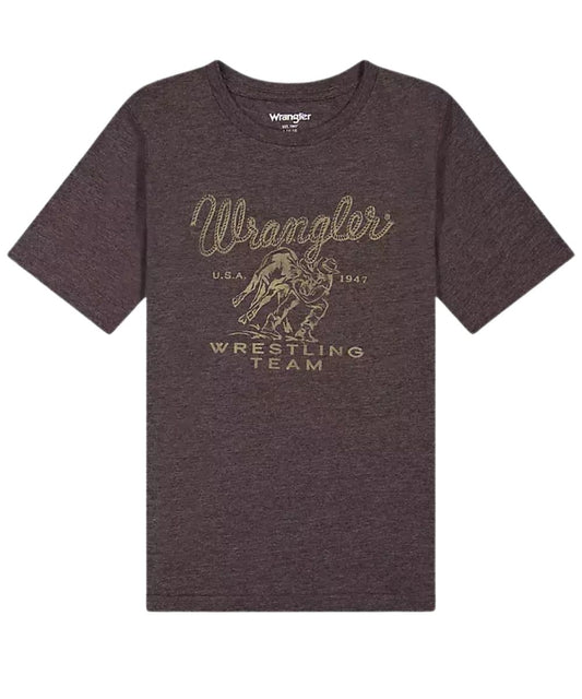 A dark heather chocolate brown Wrangler t-shirt featuring a gold graphic of a cowboy wrestling a steer with the text 'Wrangler U.S.A'