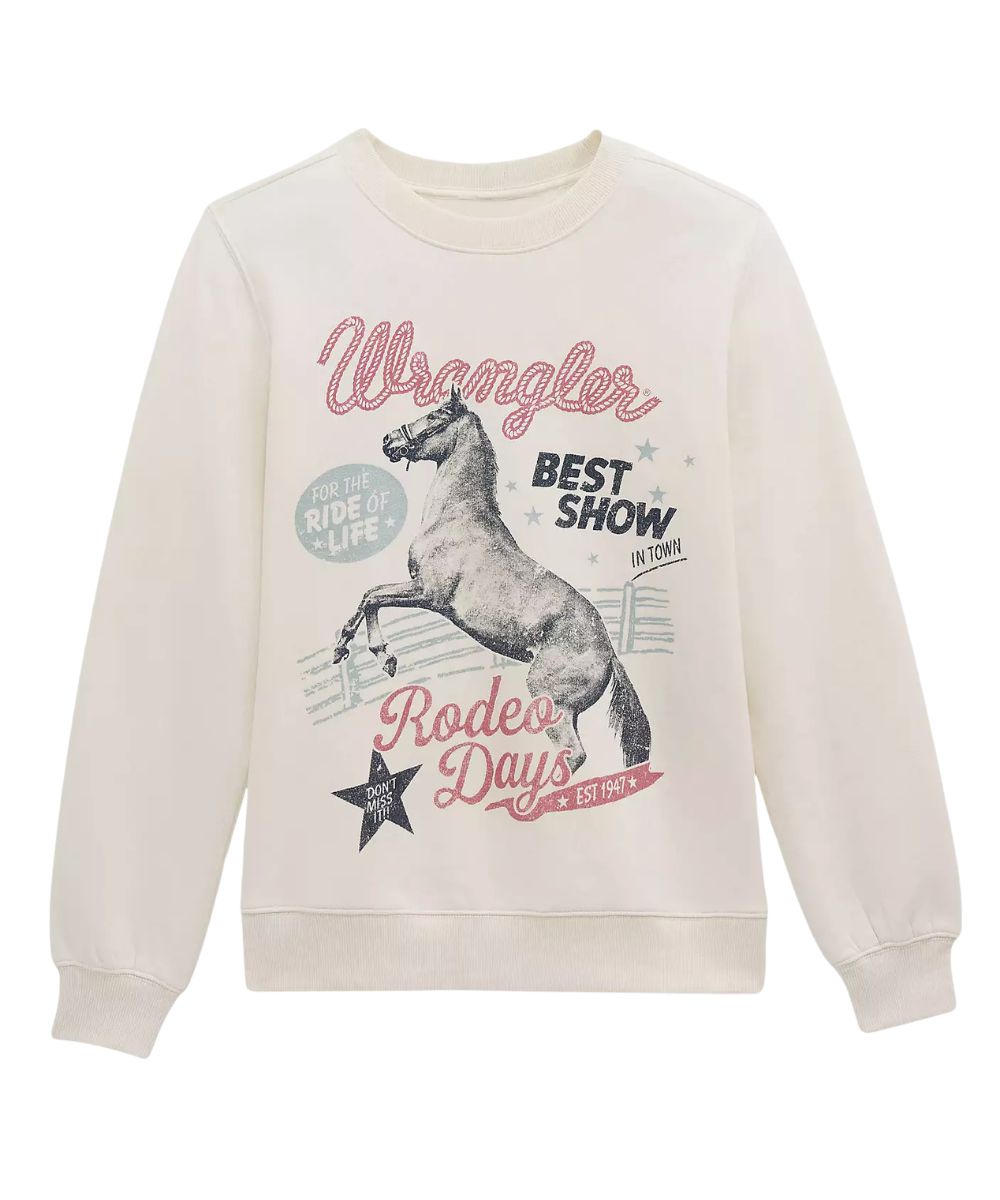 An off-white crewneck sweatshirt featuring a vintage-style graphic of a rearing horse with text reading 'Wrangler', 'BEST SHOW', 'Rodeo Days', and 'RIDE OF LIFE'.