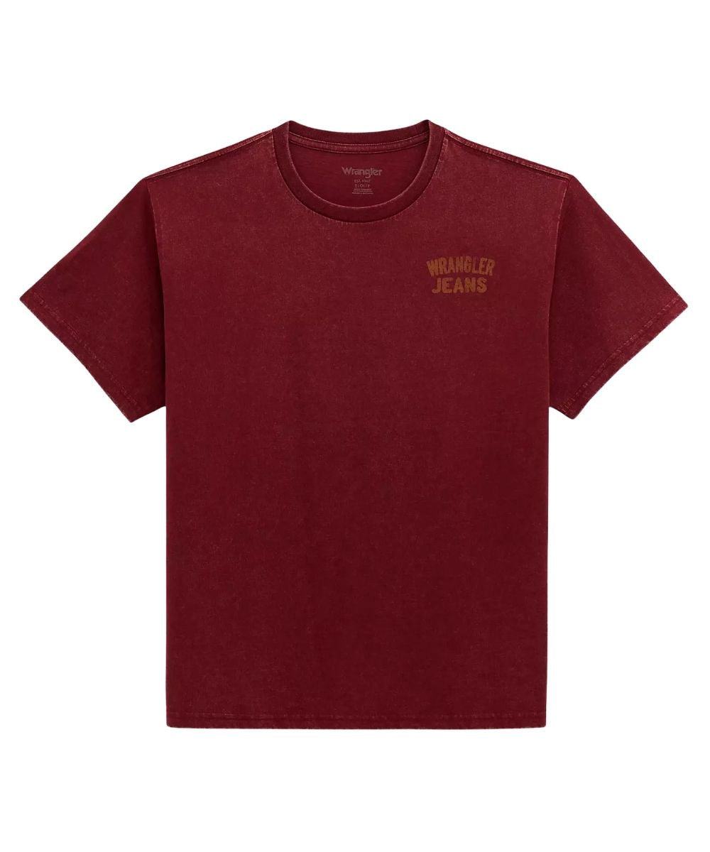 A short-sleeve crewneck t-shirt in a washed dark red or burgundy color, featuring a small gold 'WRangler Jeans' logo printed on the left chest, displayed on a clean white background.