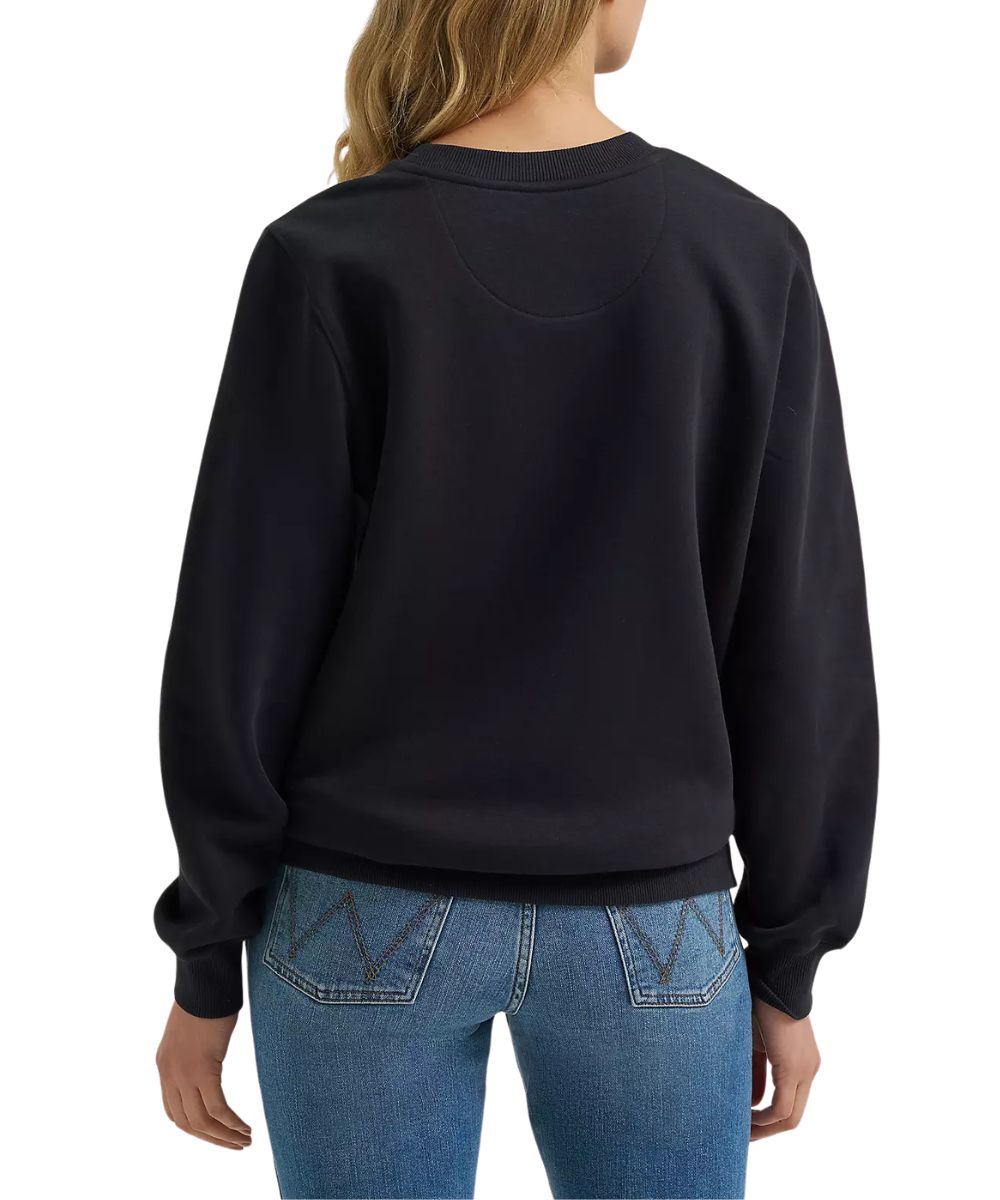 Back view of the women's long sleeve black pullover featuring the crew neck