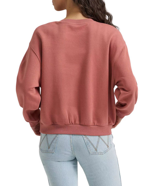 Back view of the women's rose long sleeve crew neck sweatshirt featuring the dropped shoulders and ribbed trim