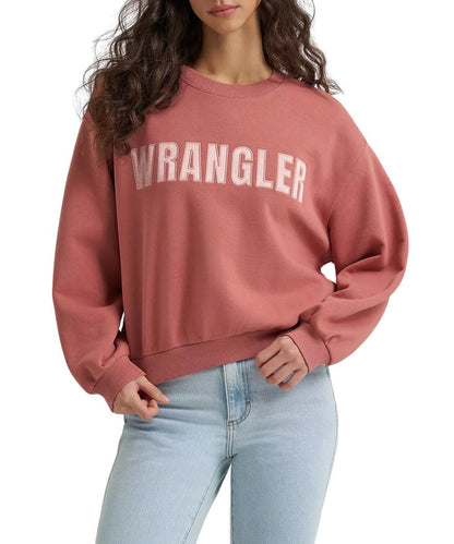 Front view of the women's Wrangler Withered Rose Logo Canyon Crew Pullover featuring the satin Wrangler logo printed across the chest