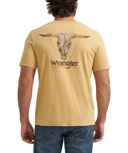 model from behind wearing yellow tshirt with steer skull design with jeans and white background