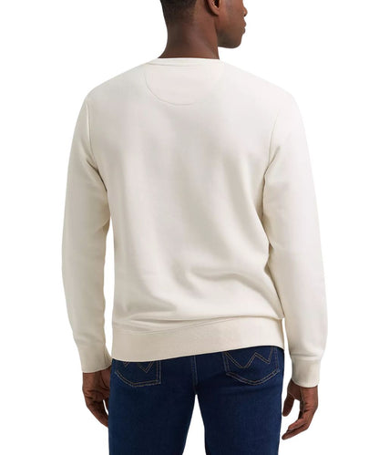 A man wearing an off-white crewneck sweatshirt, shown from the back, paired with dark blue jeans against a plain white background.