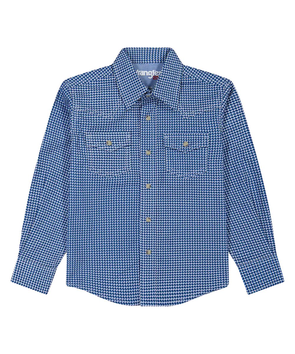 A blue and white micro-dot patterned long-sleeve shirt by Wrangler, featuring two chest pockets with brass-tone snap buttons and a matching collar.