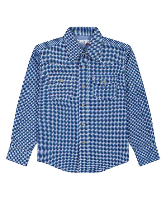 A blue and white micro-dot patterned long-sleeve shirt by Wrangler, featuring two chest pockets with brass-tone snap buttons and a matching collar.