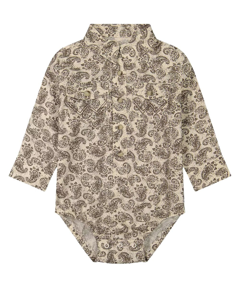 A long-sleeve baby bodysuit with a button-up collar and an all-over brown paisley pattern on a beige background, shown flat against a white background.