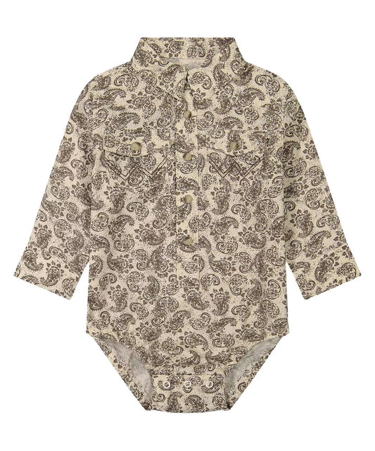 A long-sleeve baby bodysuit with a button-up collar and an all-over brown paisley pattern on a beige background, shown flat against a white background.