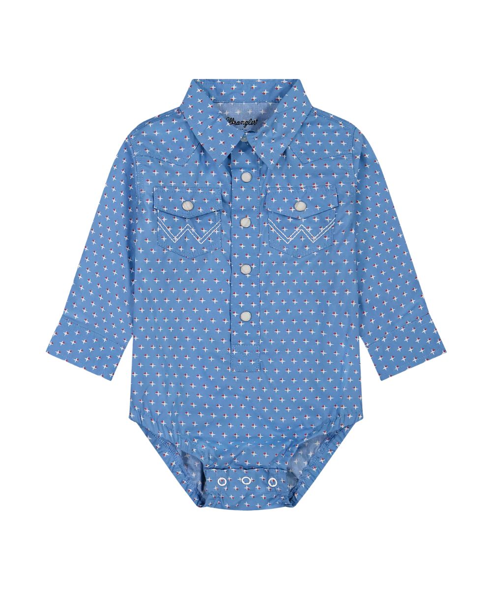 Front view of the boy's blue long sleeve americana print bodysuit onesie