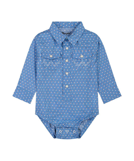 Front view of the boy's blue long sleeve americana print bodysuit onesie
