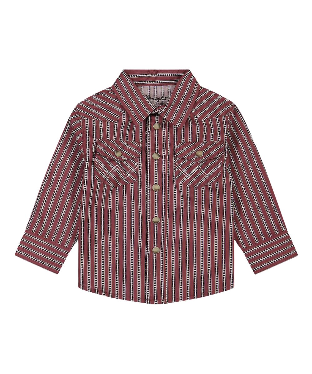 Flat view of the little boy's Wrangler Red Striped Long Sleeve Western Snap Shirt featuring the pearl snaps, western yokes, chest pockets, and geometric striped print